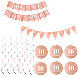Happy 10th Birthday Banner + Triangle Flags Happy Birthday Garlands + 10th Birthday Hanging Decoration Spirals Set, Rose Gold 10th Birthday Decoration for Girls, 10th Birthday Girls Hanging Decoration