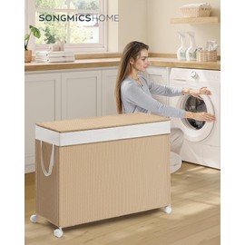 SONGMICS HOME Laundry Hamper with 4 Section, 180 L Large Rolling Laundry Basket with Wheels, Rattan Clothes Basket with Lid, Removable Liner with Handles, Natural Beige and Matte White ULCB603N01