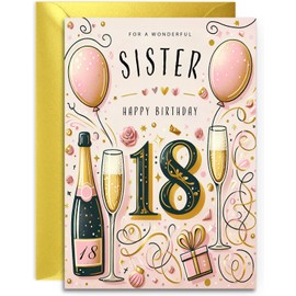Sister 18th Birthday Card - Champagne and Balloons design - Elegant Birthday Card for Her Age 18 with lovely verse inside. A5 with Gold Envelope