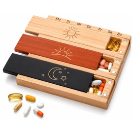 Wooden Pill Box 7 Days with 3 Compartments Morning Lunch Evening Compact Pill Organiser for Travel - Made of Natural Pine Wood with Magnetic Lid