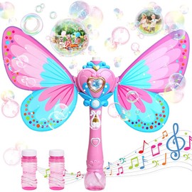 SUHOMMY Máquina de Burbujas, Soplador de Burbujas con Forma de Mariposa y Varita Mágica, Fabricante Automático de Burbujas con Luces y Música para Interiores y Exteriores