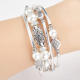 BULINLIN Layered Wrap Bangle Turquoise Bracelet - Bead Bracelet with Natural Agate Stone, Gifts For Women (03-White pearl)