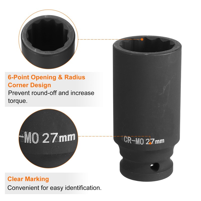 sourcing map 12-Point Deep Impact Socket 1/2 Inch Drive 27mm