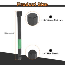 HARFINGTON 2pcs H10 Flat Hex Head Screwdriver Bit 10mm Metric Tip 1/4" Hex Shank 100mm (4") Long Magnetic Hexagonal Screw Drill Bit Wrench Black Phosphate S2 Steel Power Driver Socket