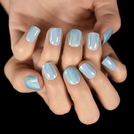 IKISKT Press On Nails - Baby Blue Sky Color | Metallic Mirror Chrome l UV Medium Square False Fake Nails, Reusable Glue | 10 Sizes - 24 Nail Kit