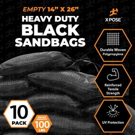 Heavy Duty Woven Polypropylene Sand Bags for Flooding -14" x 26" 100 lb Weight Limit - Military Grade Reusable Refillable Sand Bag for Hurricane Flood Protection - Empty Sandbags, Black, Bundle of 10