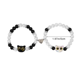 Lyreh 2pcs Cat Matching Bracelets, Acrylic Couple Best Friendship Magnetic Elastic Cute Matching Cat Bracelets Jewelry for Couple Friend Y2k Style Gift(Black & White)