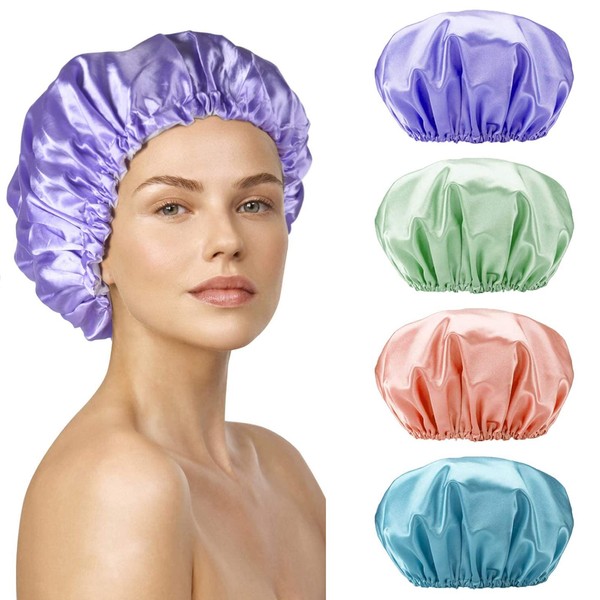 SMILCO Shower Cap, 4 Pack Shower Caps for Women, Double Waterproof Layers Shower Cap, Reusable EVA Hair Caps for Women Hair Protection