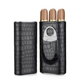 cgaplus 3-Finger Cigar Case with Cutter Crocodile Pattern Leather Cigar Humidor Case Portable Travel Cigar Case for Men(Black)