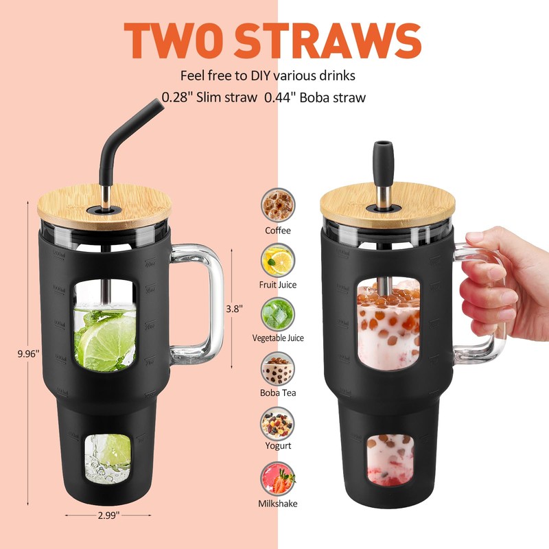 WINSA Glass Tumbler with Straw and Lid, 40 oz, Black
