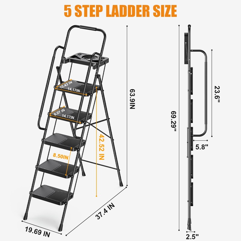 Step Ladder 5 Step Folding with Handrails, 800 LBS Capacity,