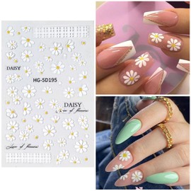 YOSOMMK Flower Nail Art Stickers 7 Sheets 5D Nail Decals Spring Summer Nail Art Design 3D Self-Adhesive Nail Supplies White Yellow Daisy Flower Nail Decoration for Women Nail DIY Design