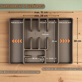 Engelland - 2 x Adjustable Cutlery Trays Charcoal 8 Compartments Plastic BPA Free Cutlery Holder Cutlery Tray for Kitchen Drawers 29-51 x 38 x 5cm
