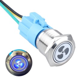 DMWD 1pc 19mm Metal Latching Push Button Switch Fan Symbol 3/4" Mounting Hole 12V-24V Silver Shell 1NO 1NC SPDT with Pre-Wired Socket for Car Truck Boat Modification Blue LED