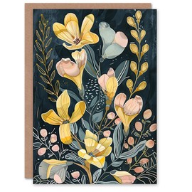 Artery8 Greeting Card Ochre Freesia Flowers Painting Dark Wildflowers For Her Woman Birthday Card