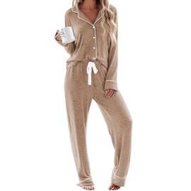 Ekouaer Womens 2 Piece Pajamas Comfy Sleepwear Long Sleeve Button Down Pajama Set Sleeping Clothes Winter Pjs (Light Brown,Small)