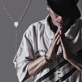 U7 Women Mens Stainless Steel Link Colorful Evil Eye Beaded Rosary Necklace With Crucifix and Medal