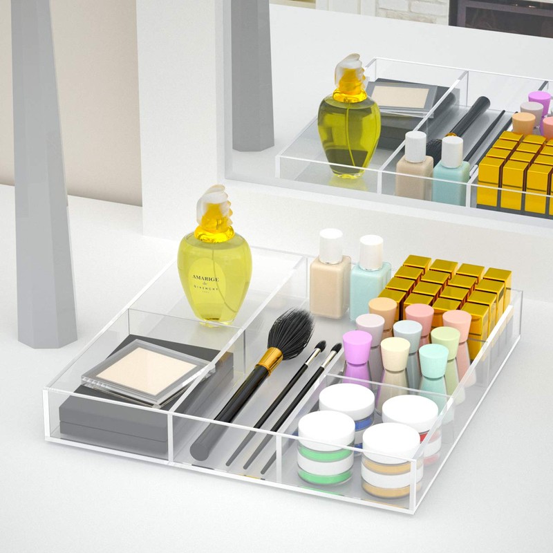 HIIMIEI Acrylic Drawer Organizer, 6 Section Clear Makeup Tray Organizer