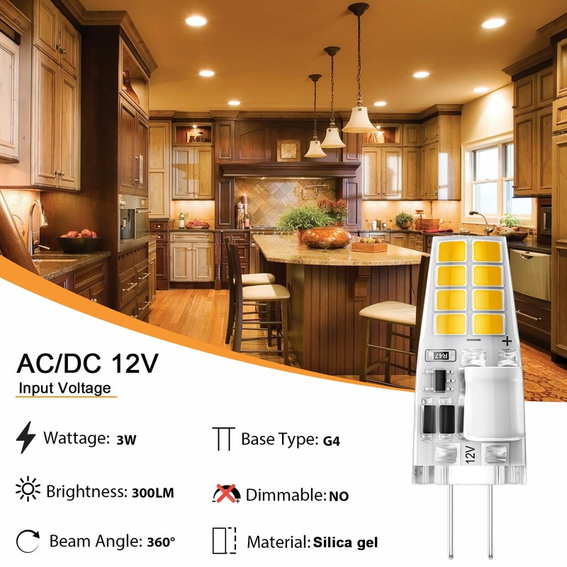 TAIYALOO G4 LED Bulb 3W 300LM 3000K Warm White, AC/DC