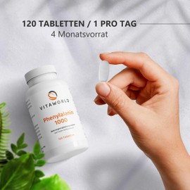 Vita World Phenylalanine tablets - L-phenylalanine high dose 1000mg per day (120 vegan tablets) - essential amino acid to support the body - laboratory tested, without additives, gluten free - vitaworld