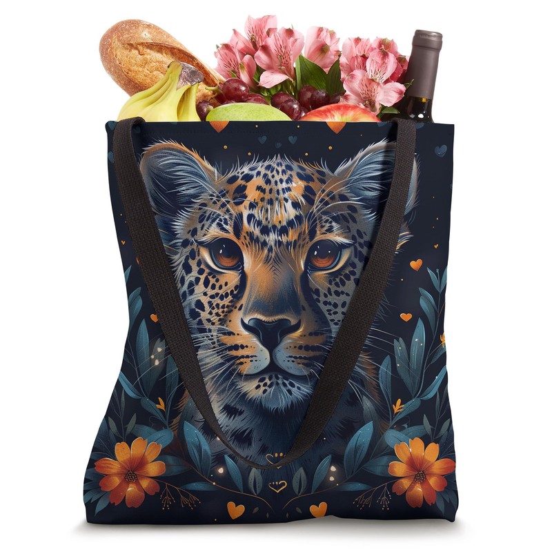 Leopard Flowers With Hearts Around Boho Style Graphic Tote Bag