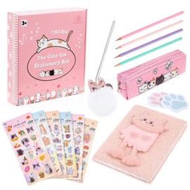 Brightzen Cute Cat Stationery Set – Cat Notebook, Fluffy Pen, Pencils, Pencil Case, Sticky Notepad and Stickers, Best Birthday Present for Girls Age 4 5 6 7 8 9 10 11 years old, Perfect Birthday Gifts