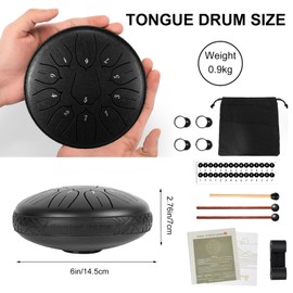 Zungentrommel, Regentrommel, Tongue Drum, 6 Zoll 11 Noten, Stahlzungentrommel, Handpan Drum, Handpan Instrument, Schlagzeug Instrument, Rain Drum, mit 3 Schlägeln für Meditation Yoga Klangheilung