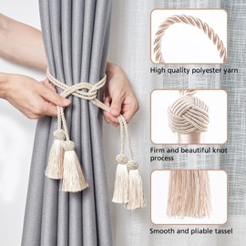 Pretty Jolly Pack of 4 Double Tassel Curtain Tiebacks Handmade Rope Knot Drape Tie Back Elegant Decorative Curtain Holdbacks for Home & Office Window Drapery (Beige)