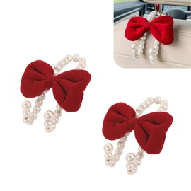 Shakas 2 PCS Car Headrest Hook, Bow Pearl Decor Storage Hook for Hanging Backpack Umbrella Wallet, Front Seat Portable Organizer for Women, for Most Cars Trucks Interior Accessories (Red)