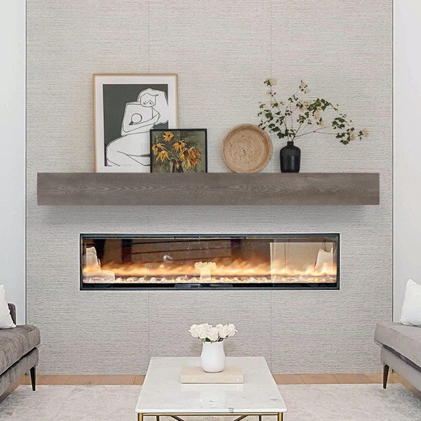 Fireplace Mantel | 60" W Wood Floating Shelves | Handcrafted Hollow Distressed Beam | Wall Mounted Wooden Display Shelfing | with Invisible Heavy Duty Hanging Wood Bracket | 60W x 6H x 8D, Ash Gray