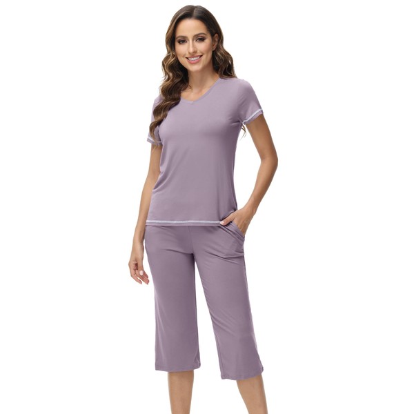 WiWi Pajamas for Women Short Sleeve Top and Capri Pants-Viscose