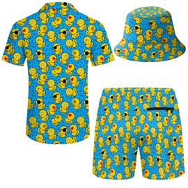 Wdpsuxin Mens 2 Piece Tracksuit Hawaiian Button Down Shirt and Compression Liner Shorts Sets with Bucket Hats, Retro 80s 90s Graphics Rubber Duck Blue, Large