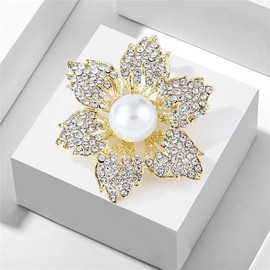 LISADORE Crystal Pearl Flower Brooch Pin Six Leaves Flower Rhinestone Lapel Pin Vintage Elegant Collar Pins Flower Pearl Badge Pins Women Banquet Crystal Pin Clothing Decoration