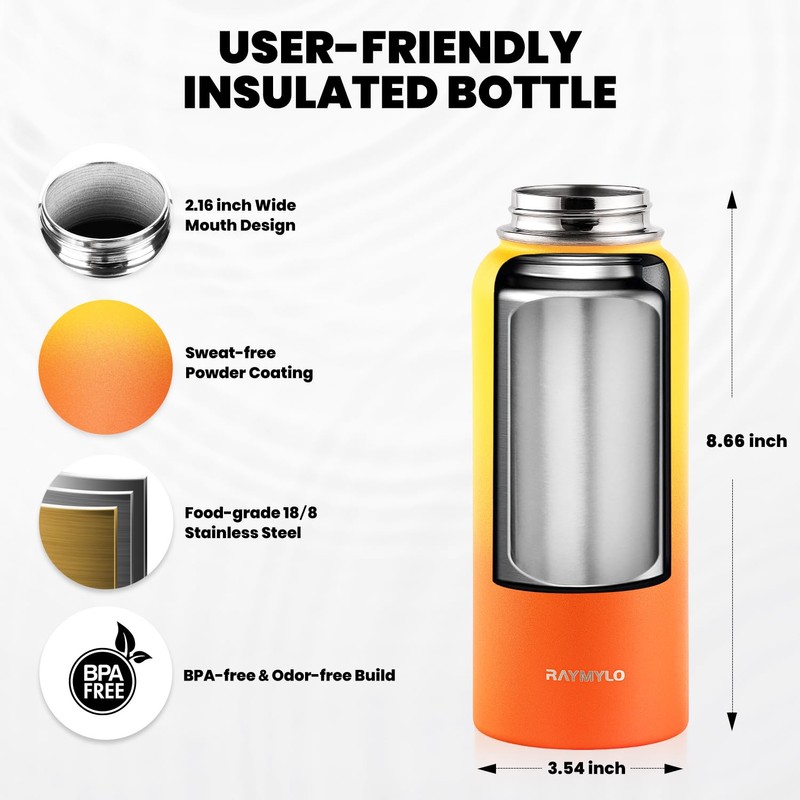 RAYMYLO Insulated Water Bottle 32 oz, Triple Wall Vacuum Stainless