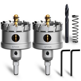 METOTY 2 x 57 mm hole saw metal, carbide hole saw, carbide drill, with an additional nitrided step guide drill and L-wrench, for steel, iron, aluminium, metal