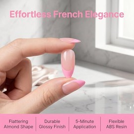 Uñas postizas almendradas de estilo corto, rosas, francesas, con acabado brillante, reutilizables, con pestañas adhesivas - Kit de 24 piezas para mani