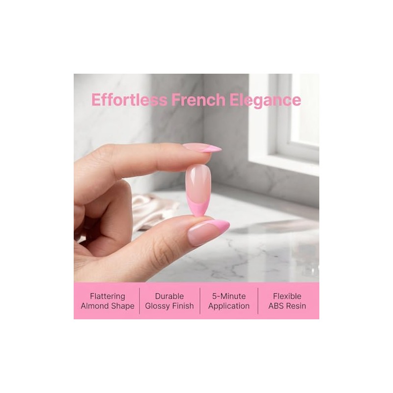 Uñas postizas almendradas de estilo corto, rosas, francesas, con acabado