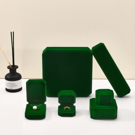 Woodten Velvet Double Dual Ring Box Green Double Ring Gift Box Weeding Proposal Engagement Bearer Gift Case
