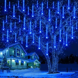 Purtuemy Outdoor Christmas Decorations, 12 inch/ 30 cm Meteor Shower Lights, Icicle Lights for Tree, Xtmas Decorations for Yard House Wedding Party, Blue
