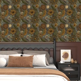 Grey Boho Wallpaper Peel and Stick, Vintage Yellow Floral Contact Paper, Botanical Flowers Retro Bohemia Wall Paper Self Adhesive Removable Waterproof for Walls Shelves Cabinet Table 17.5" x 118"