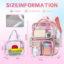 Clear Backpack for Girls with Lunch Bag, Heavy Duty Transparent Backpack Stadium Approved, TPU Waterproof Pink Bookpack with Reflective Strips, Large Clear Backbag for School Travel Work Concert
