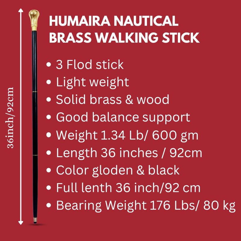 Humaira Nautical Handmade Brass Knob Walking Stick, Wooden Cane with