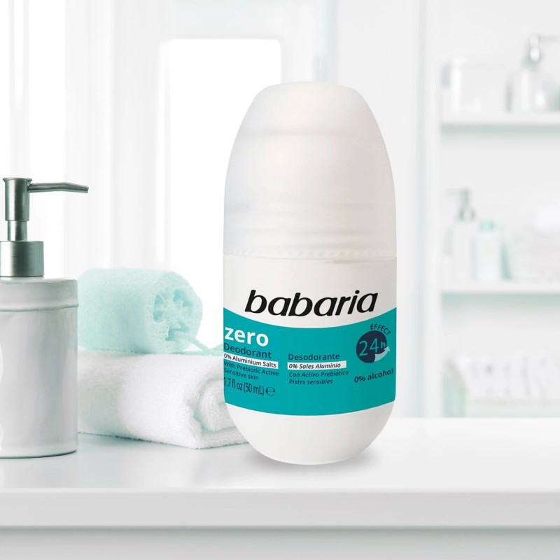 Babaria Zero Deodorant Roll-On 50ml –24h, No Salts or Alcohol,