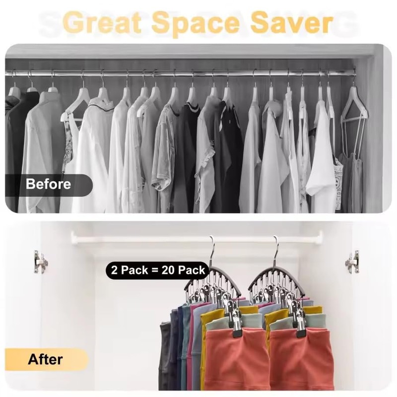 [2 Pack], Multi-Clip Pants Hangers with 10 Clips, Metal Yoga