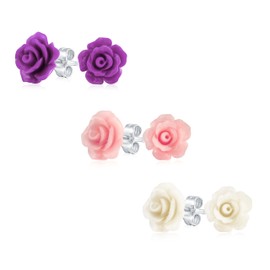 Set of 3 Romantic Delicate Floral Blooming 3D carved Pink Purple White Rose Flower Stud Earrings For Women For Teen For Mother Silver Plated