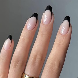 Black Press on Nails Black French Tip Press on Nails Medium Almond False Nails Gradient Acrylic Stick on Nails Nude Pink Glue on Nails Acrylic Nails Manicure Kit for Women Girls 24Pcs