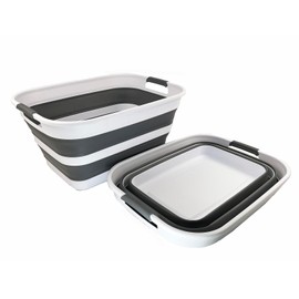 SAMMART 27L (7.1 Gallons) Collapsible Plastic Laundry Basket with Handle-Foldable Pop Up Storage Basket with handle (2, White/Steel Grey)