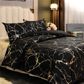Holawakaka Gold Metallic Marble Comforter Set Full Size Foil Print Glitter Bedding Sets,Black/Gold,Full