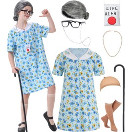 qnprt 100 Days of School Costume 100th Old Lady Costume for Kids Girls Grandma Dress Up,10