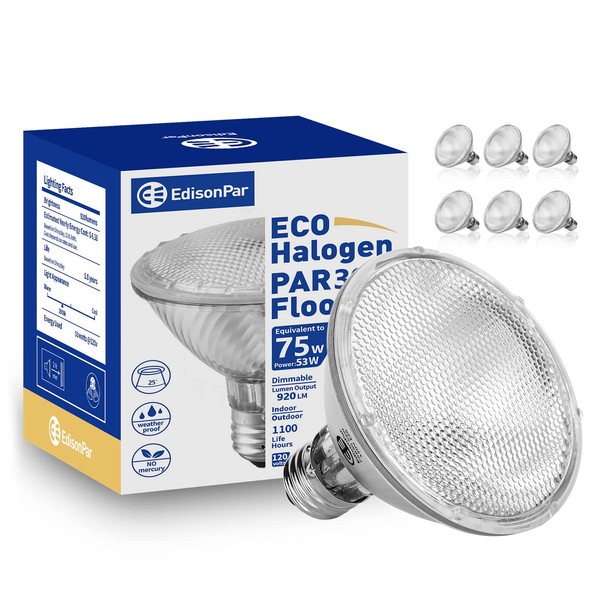 EdisonPar PAR30 ECO Halogen Bulb 6 Pack 75W Equivalent, 25° Flood Light Dimmable E26 Medium Base, 2900K 920lm CRI100 120V Indoor Outdoor PAR30S